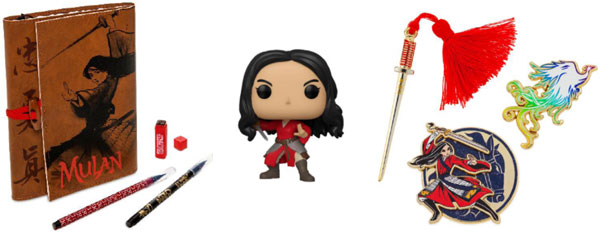 "Mulan"-Artikel: Padfolio im DIN A5-Format, Funko Pop! Vinylfigur und Anstecknadelset in limitierter Edition (© Disney)