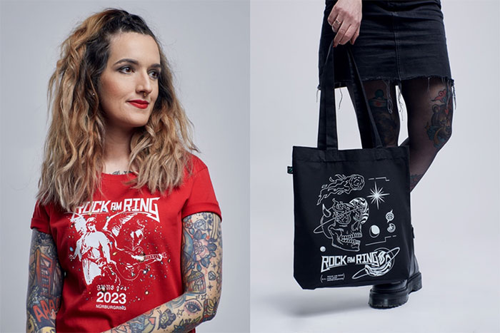 Rock am Ring Bio T-Shirt Guitar Angel rot und BioStoffbeutel Skull in Space (© Spread Group)