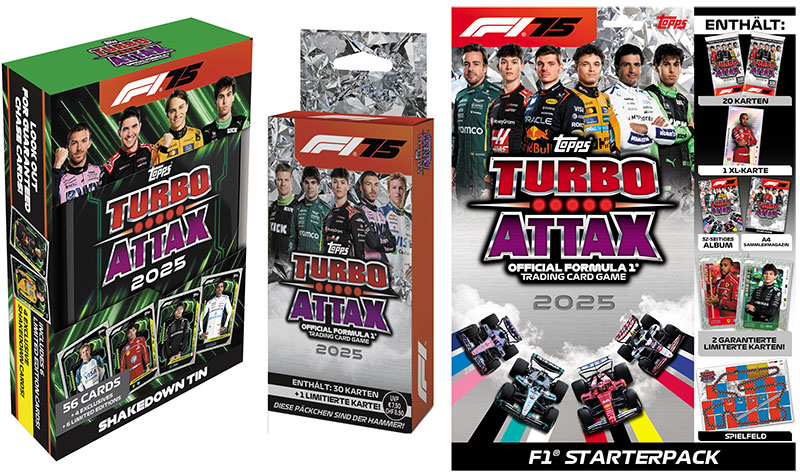 Topps Formula 1® Turbo Attax 2025 Mega Tin Box, Eco Pack und Starterpack (© Topps Europe Limited)