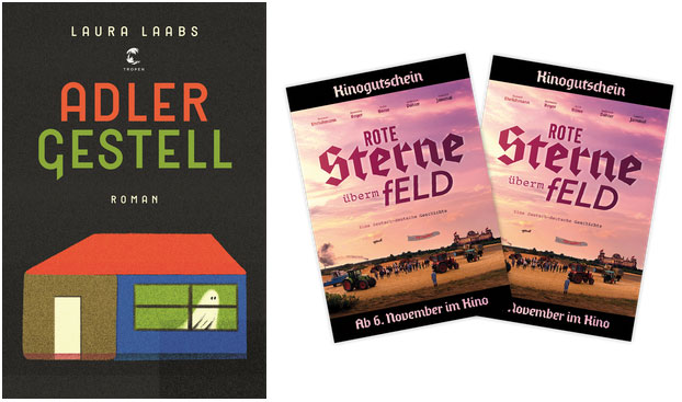 "Rote Sterne überm Feld" Freikarten (© farbfilm verleih) und "Adlergestell"-Buch (© Tropen Verlag)