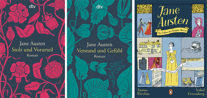 "Stolz und Vorurteil" und "Verstand und Gefühl" (© dtv-Verlag) sowie "Jane Austen: Ihr Leben als Graphic Novel" (© Penguin Verlag)